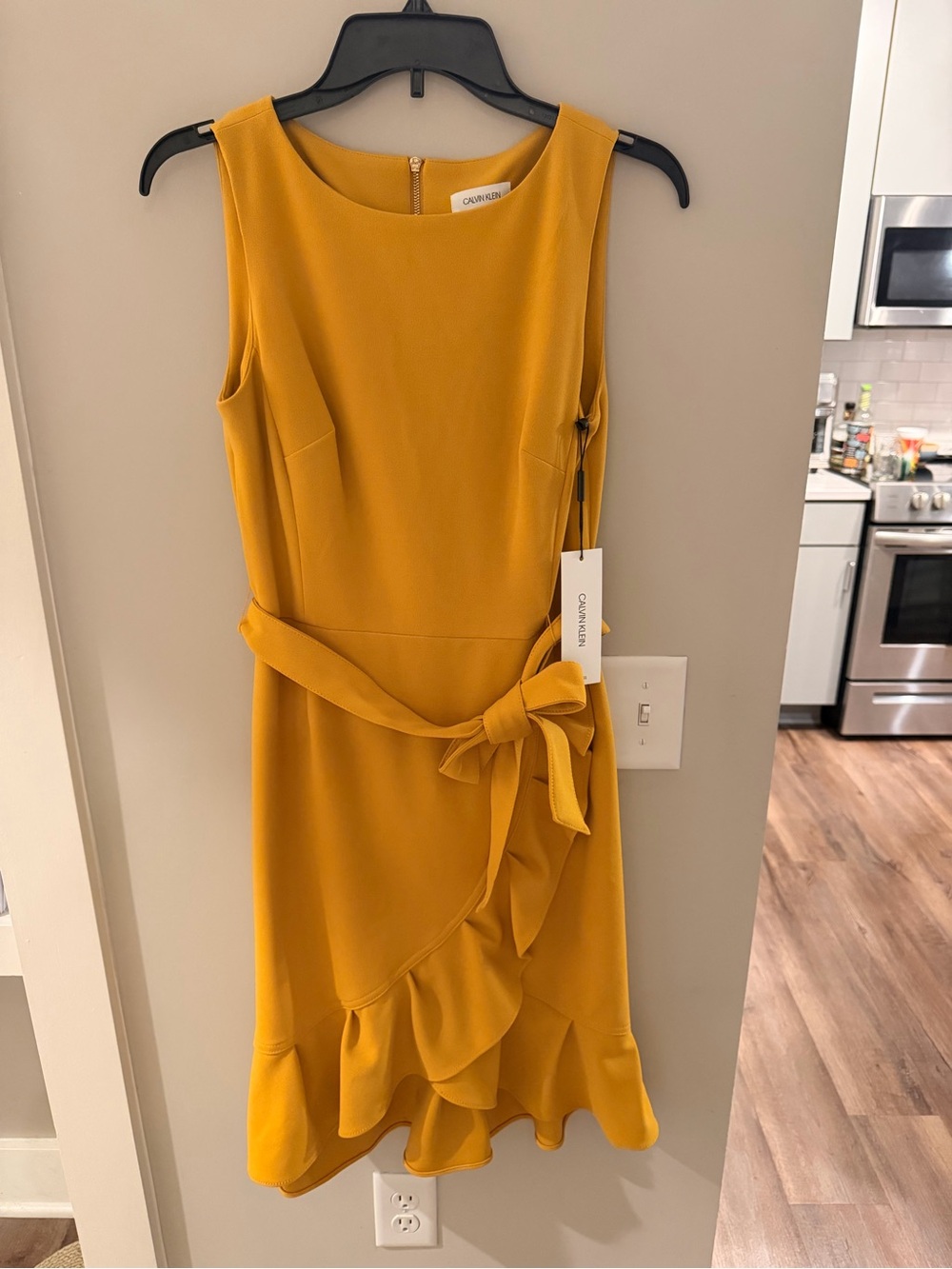Calvin Klein Yellow Mustard Ruffle-Hem Midi Dress